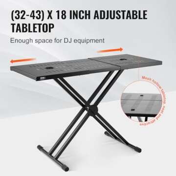 VEVOR DJ Table Stand, (32"-43") x 18" Portable DJ Laptop and Controller Stand, Lightweight DJ Desk DJ Booth Adjustable Height DJ Stand, Foldable Double-X Keyboard Stand & Tabletop, Audio Mixer Stand