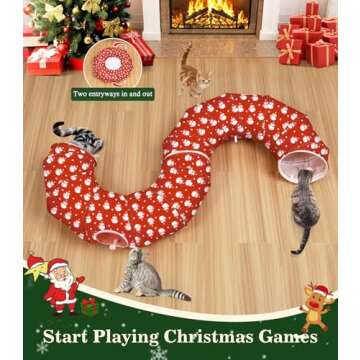 Pawaboo Cat Tunnel Bed Under Christmas Tree, 35.4'' Christmas Cat Toy Circle Tunnel with Toy Ball, Decorative Christmas Festive Foldable Kitty Tube Tunnel for Cat Small Animal (Red Snowman)