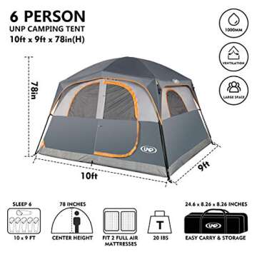 UNP Tents 6 Person Waterproof Windproof Easy Setup,Double Layer Family Camping Tent with 1 Mesh Door & 5 Large Mesh Windows -10'X9'X78in(H) Gray