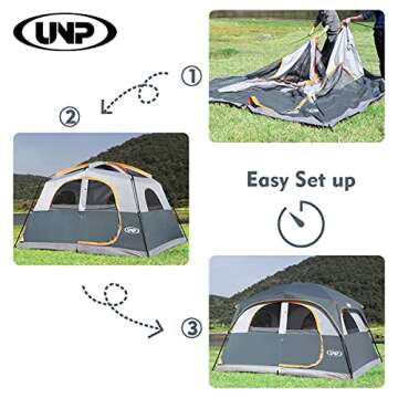 UNP Tents 6 Person Waterproof Windproof Easy Setup,Double Layer Family Camping Tent with 1 Mesh Door & 5 Large Mesh Windows -10'X9'X78in(H) Gray