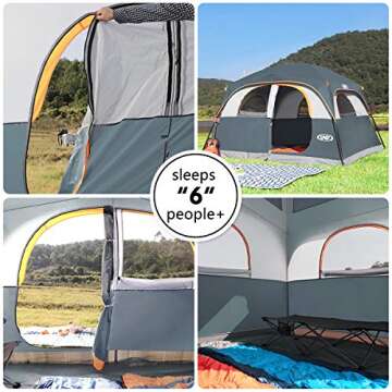 UNP Tents 6 Person Waterproof Windproof Easy Setup,Double Layer Family Camping Tent with 1 Mesh Door & 5 Large Mesh Windows -10'X9'X78in(H) Gray