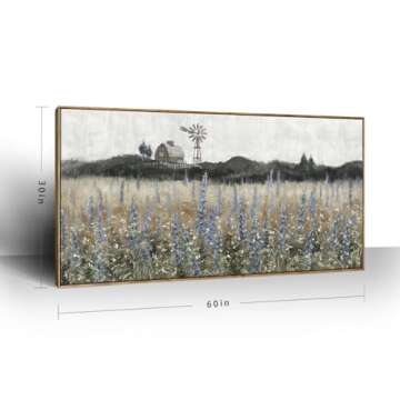 Large Framed Wall Art for Living Room Nature Wilderness Landscape Painting Vintage Canvas Print Rustic Farmhouse Scenery Picture Countryside Wildflower Field Meadow Windmill Barn Artwork 60"W x 30"H