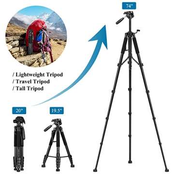 VICTIV 74” Camera Tripod, Tripod for Camera and Phone, Aluminum Heavy Duty Tripod Stand for Canon Nikon with Carry Bag and Phone Holder, Compatible with DSLR, iPhone, Spotting Scopes, Max Load 15 Lb