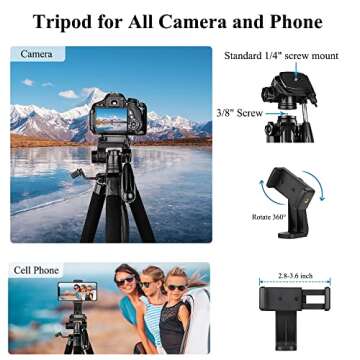 VICTIV 74” Camera Tripod, Tripod for Camera and Phone, Aluminum Heavy Duty Tripod Stand for Canon Nikon with Carry Bag and Phone Holder, Compatible with DSLR, iPhone, Spotting Scopes, Max Load 15 Lb