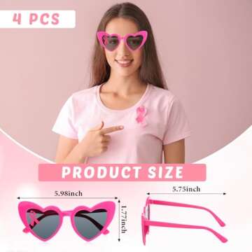 Konohan 4 Pack Pink Ribbon Sunglasses for Women Pink Heart Sunglasses Love Heart Shaped Glasses Breast Cancer Awareness Accessories