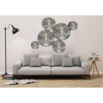 Decorlives Round Sunburst Metal Wall Art | Modern Metal Wall Hanging Décor Sculpture for Living Room Bedroom Home Office (Silver Glossy | Set 6-2 Large(24") + 2 Medium(18") + 2 Small(9") Circles)