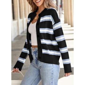 EVALESS Womens Cardigan Sweaters 2024 Fashion Trendy Spring Fall Oversized Lightweight Cropped Chunky Knit Striped Sweaters Loose Outerwear Coats,Black Stripe Medium