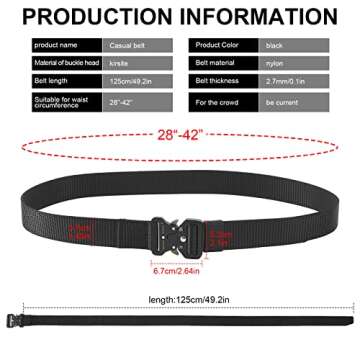 BEIJOVINGLINE Tactical Belt, Military Style Men's Nylon Work Hiking Gear Webbing with quick release buckle (Black, 49 inches (125 cm))