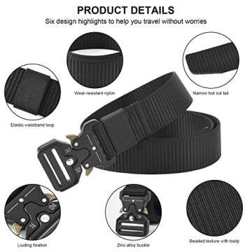 BEIJOVINGLINE Tactical Belt, Military Style Men's Nylon Work Hiking Gear Webbing with quick release buckle (Black, 49 inches (125 cm))