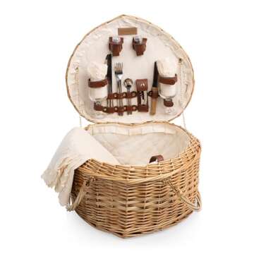 PICNIC TIME Heart Wicker Picnic Basket, 2 Person Set, Couple Gifts, (Antique White)