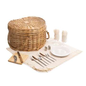 PICNIC TIME Heart Wicker Picnic Basket, 2 Person Set, Couple Gifts, (Antique White)