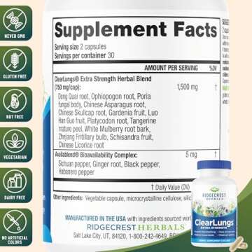 RidgeCrest Herbals ClearLungs Extra Strength, Natural Lung, Nasal Health Formula, Bronchial, Respiratory, Sinus, Mucus Support (60 Caps, 30 Serv)