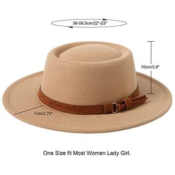 Lanzom Women Vintage Wide Brim Warm Wool Fedora Hat Belt Panama Hat Felt Jazz Hat (B-Camel, Medium)