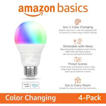 Amazon Basics Smart A19 LED Light Bulb, Color Changing, 9W (60W Equivalent), 800LM, Works with Alexa Only, 2.4 GHz Wi-Fi, No Hub Required, 4-Pack