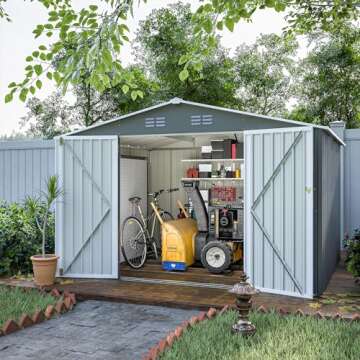 Evedy Outdoor Shed - 10 x 8 FT Storage Sheds Galvanized Metal Shed with Slide Door, Tool Storage Backyard Shed Bike Shed, Tiny House Garden Tool Storage Shed for Backyard Patio Lawn