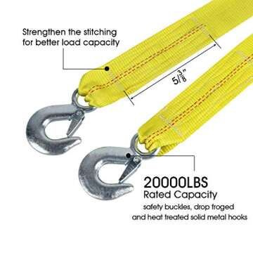 JCHL Nylon Tow Strap with Hooks 2”x20’ Car Vehicle Heavy Duty Recovery Rope 20,000 lbs Capacity Tow Rope for Car Truck Jeep ATV SUV