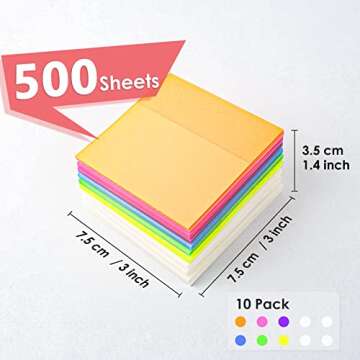 Transparent Sticky Notes 500 Pcs, MIUTME Clear Sticky Notes Waterproof Translucent Color Memo Pad 3 x 3 inch, See Through Sticky Notes for Office College School Supplies Pads (7 Colors)