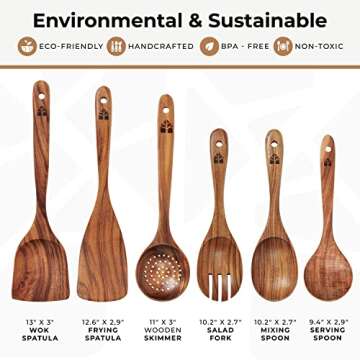 Wooden Spoons for Cooking – Wooden Kitchen Utensils Set, 6 Pcs Teak Wood Utensil Set – Comfortable Grip Non–Stick Wooden Cooking Utensils – Nonstick Natural and Healthy Kitchen Cookware