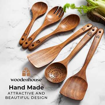 Wooden Spoons for Cooking – Wooden Kitchen Utensils Set, 6 Pcs Teak Wood Utensil Set – Comfortable Grip Non–Stick Wooden Cooking Utensils – Nonstick Natural and Healthy Kitchen Cookware