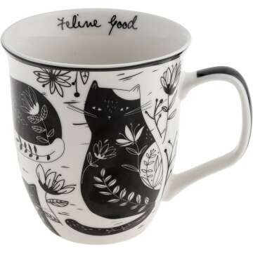 Karma Gifts 16oz Black & White Boho Cat Mug - Cute Ceramic Coffee Mug