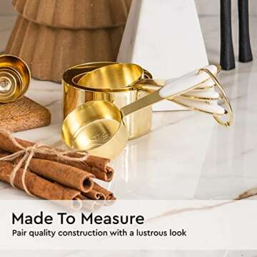 White & Gold Measuring Cups and Spoons Set - 8PC Stackable Stainless Steel Measuring Set - Stylish White and Gold Kitchen Accessories for Precise Baking & Cooking, Ideal Gift for Bakers & Home Chefs