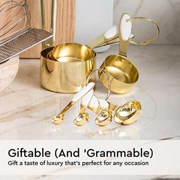 White & Gold Measuring Cups and Spoons Set - 8PC Stackable Stainless Steel Measuring Set - Stylish White and Gold Kitchen Accessories for Precise Baking & Cooking, Ideal Gift for Bakers & Home Chefs