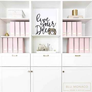 BLU MONACO Set of 6 Foldable Pink Cute Magazine Holders with Gold Label Holders – Stylish Magazine Storage for Desk, Shelves, and Closets – Book Bins, File Organizers, and Document Storage