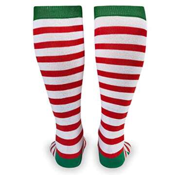 Gone For a Run Knee High Half Cushioned Athletic Running Sock | Running Christmas Elf (Red and White Stripes/Green) one size fits all