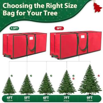 BlessedSeason Christmas Tree Storage Bag, Rolling Storage Bag with 1.6-Inch Wheels for Easy Transport, Up to 9 ft For Disassembled Holiday Tree, Zippered Bag, Length-Adjustable Handles, Red