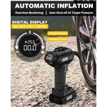 Tire Inflator Portable Air Compressor,150 PSI Handheld Tire Inflator with 20V Rechargeable Battery, Digital Display 12V Car Power Adapter, Ball, Motorcycle, Bike Pump