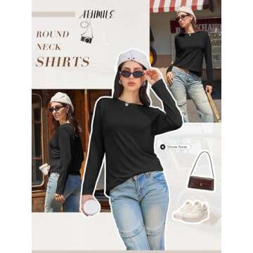 ATHMILE Womens Fall Fashion 2024 Cute Tops Casual O Neck Fitted Fashion Shirts Ladies Clothes Fashion Outfits Black