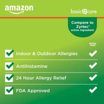 Amazon Basic Care 24 Hour Allergy Relief, Cetirizine Hydrochloride Tablets, 10 mg, 300 Count (Packaging may vary)