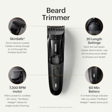 MANSCAPED® The Beard Hedger® Premium Men's Beard Trimmer, 20 Length Adjustable Blade Wheel, Stainless Steel T-Blade for Precision Facial Hair Trimming, Cordless Waterproof Wet/Dry Clipper