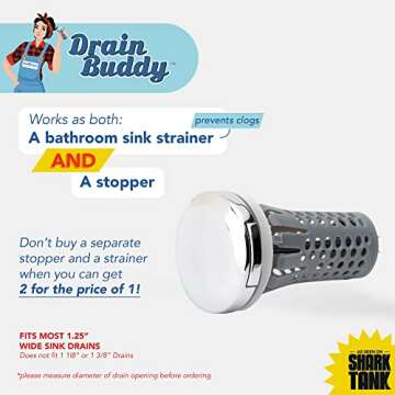 Drain Buddy: Bathroom Sink Stopper Strainer with Hair Catcher - No Installation Clog Prevention, Fits 1.25” Sink Drains - Chrome Plated Cap - Seen On Shark Tank