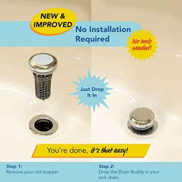 Drain Buddy: Bathroom Sink Stopper Strainer with Hair Catcher - No Installation Clog Prevention, Fits 1.25” Sink Drains - Chrome Plated Cap - Seen On Shark Tank