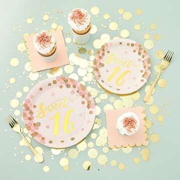 Sparkle and Bash BLUE PANDA Rose Gold and Pink Sweet 16 Birthday Plates - 48 Pack for 16th Birthday Party Decorations - 9 Inch Paper Plates