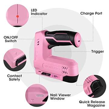 WORKPRO 3.6V Power Electric Cordless 2-in-1 Staple and Nail Gun, 2.0Ah Battery Powered Stapler for Upholstery, Crafts, DIY, Including USB Charger Cable, 2000PCS of Staples and Nails - Pink Ribbon