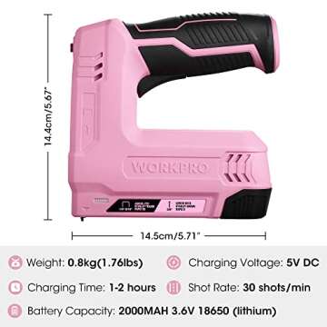 WORKPRO 3.6V Power Electric Cordless 2-in-1 Staple and Nail Gun, 2.0Ah Battery Powered Stapler for Upholstery, Crafts, DIY, Including USB Charger Cable, 2000PCS of Staples and Nails - Pink Ribbon