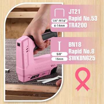 WORKPRO 3.6V Power Electric Cordless 2-in-1 Staple and Nail Gun, 2.0Ah Battery Powered Stapler for Upholstery, Crafts, DIY, Including USB Charger Cable, 2000PCS of Staples and Nails - Pink Ribbon