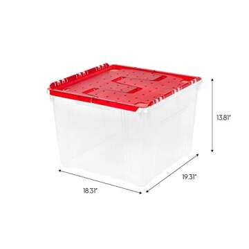 IRIS USA Ornament Storage Box with Attached Lid, Stores 75 Ornaments per Bin, 2-Pack, Stackable Durable Christmas Storage Organization Container Bin for Holiday Decorations and Accessories, Clear/Red