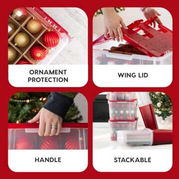 IRIS USA Ornament Storage Box with Attached Lid, Stores 75 Ornaments per Bin, 2-Pack, Stackable Durable Christmas Storage Organization Container Bin for Holiday Decorations and Accessories, Clear/Red