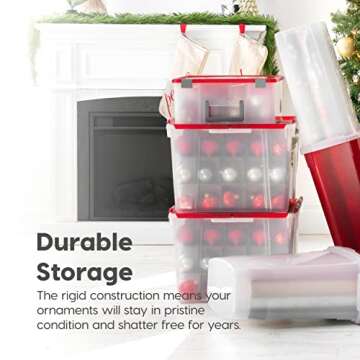 IRIS USA Ornament Storage Box with Attached Lid, Stores 75 Ornaments per Bin, 2-Pack, Stackable Durable Christmas Storage Organization Container Bin for Holiday Decorations and Accessories, Clear/Red