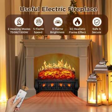 Joy Pebble Electric Fireplace Insert Log Heater 21",750W/1500W Adjustable 5 Flame Brightness,5 Speed Mode,Fireplace Insert with Realistic Ember Bed and Traditional Brown Log,Remote Control