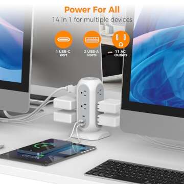 Tower Power Strip Flat Plug with 11 Outlets 3 USB (1 USB C), TESSAN Surge Protector Tower 1625W/13A,1050J Protection, 6 Feet Extension Cord with Multiple Outlets, Office Desk Supplies, Dorm Essentials