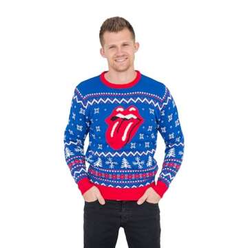 Rolling Stones Classic Tongue Royal Blue Ugly Christmas Sweater (Adult Large)