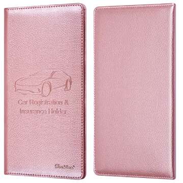 Techion Car Insurance and Registration Holder, 9.5 x 5 Inch PU Leather Vehicle Glove Box Organizer Wallet Case for Insurance Card, Driver License, Paperwork - Rose Gold