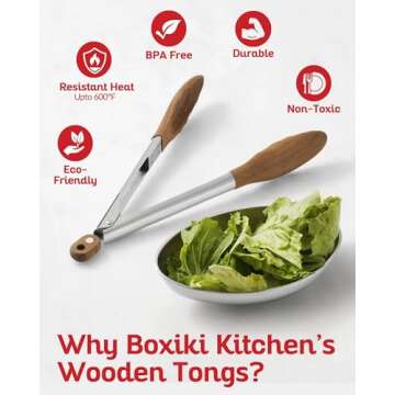 Boxiki Kitchen Tongs for Cooking with Wooden Tips - Nonstick Cooking Tongs & Salad Tongs for Serving Food, Grilling, Cooking, BBQ and Tossing Salad - Made of Natural Walnut Wood, Size 12-inch