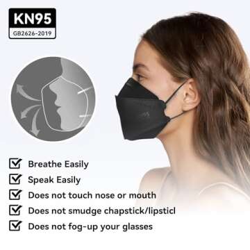 Keangs KN95 Face Masks 50 Pack, Soft and Comfortable Disposable Face Masks for Adults And Teens, Black