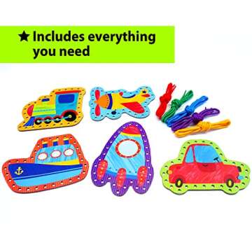 KRAFUN Preschool Beginner First Lacing Card Kit for Kids Training Arts & Crafts, 5 Easy Transport and Cars Lacing Projects, Lacing Cards for Toddlers, Fine Motor Skills Toys