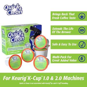 Quick & Clean [6-Pack] Keurig Cleaning Pods - K Cup Cleaner Pod For Keurig - 2.0 Coffee Machine Compatible, Removes Stains, Non-Toxic and Eco-Friendly